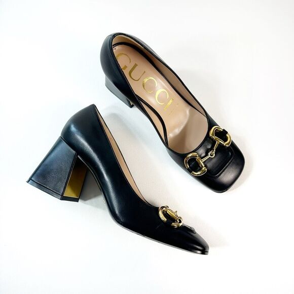 Gucci Shoes - GUCCI Black Baby Bit Horsebit Square Toe Pump 37.5 US 7.5 Leather Block Heel